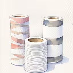 watercolor washi paper rolls with an ink wash effect,three rolls of toilet paper with their tops torn off
