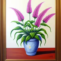a painting on a wall of some purple flowers,an artistic painting of flowers in a blue pot
