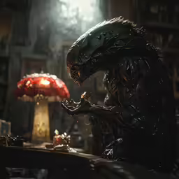 an alien predator is sitting down in a dark room