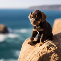 a little puppy sitting on the edge of a rock by the ocean