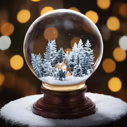 a snow globe with trees inside, in front of a christmas light