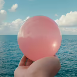 a person holds up a ballon against the blue sky and ocean