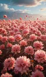 a large bunch of pink flowers near a mountain
