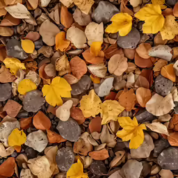 the yellow leaves are falling on a rock ground