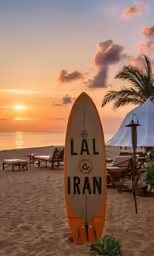 a surfboard that is on the sand at a beach