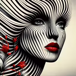 the face and neck of a woman in a striped mask