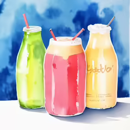 three drink bottles are lined up together and the same glass has a straw