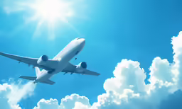 an airplane flying high in the sky with clouds