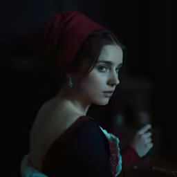 the woman is wearing a red and black hat