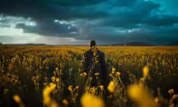 a man standing in the middle of a field of yellow flowers
