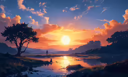 the sun setting over some water in the distance