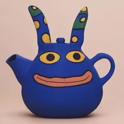 a blue ceramic teapot with a cartoon character