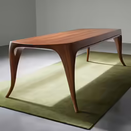 a wooden table with no legs is on green carpet