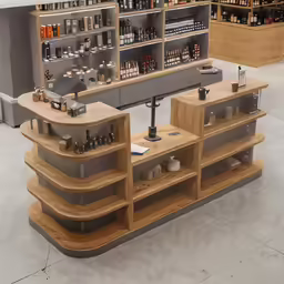 a set of four shelves that have liquor on them