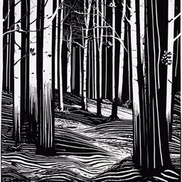 the woods are covered in trees and has water running through it,the woods are black and white, with small water flowing through it