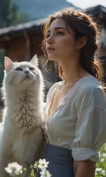 a woman holding her cat in the air