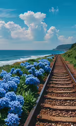 the blue flowers are along the tracks by the ocean