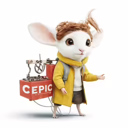 a white and brown mouse in yellow jacket and scarf holding a red and white bag