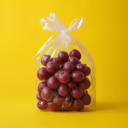 a clear plastic bag filled with grapes against a yellow background
