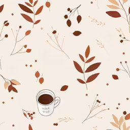 a cup of coffee with leaves and berries in a pink and brown wallpaper