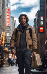 the man in a black sweater is carrying bags