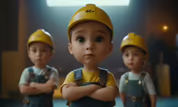 a young boy wearing a construction hat with his arms folded in front of him