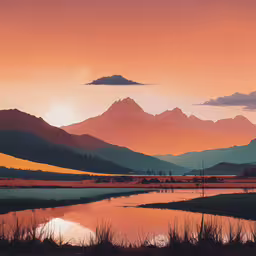 mountains and water in a body of water at sunset,the colorful mountains and a lake are painted by sun