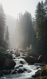 a river running between several trees in the woods