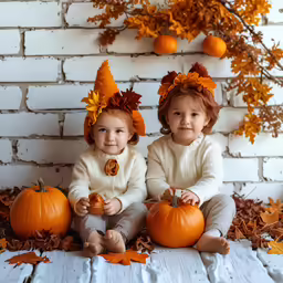 two small girls sitting together wearing pumpkin costumes