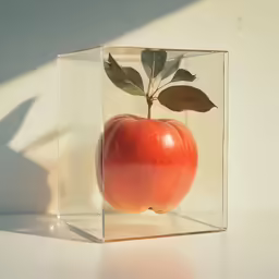 an apple in a clear glass case with a leaf on it