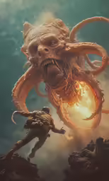 creature with sharp mouth attacking giant alien creature