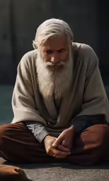 an old man sits on the ground in front of his feet