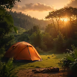 the bright sun shines brightly behind an orange tent in the grass,a orange tent set up in the woods with the sun coming down