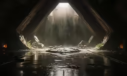 a scene of a dark tunnel with lights coming from a doorway