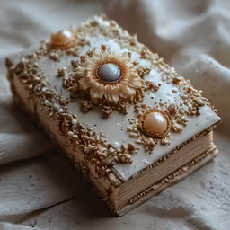 a fancy book decorated with flowers and stones