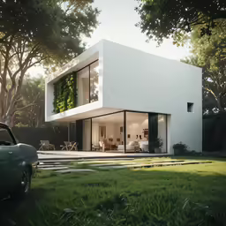 a modern house is shown with a lawn outside