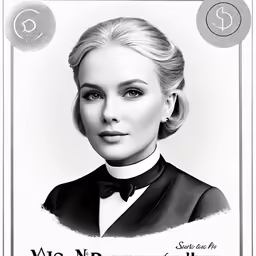 a lady in black and white wearing a bowtie