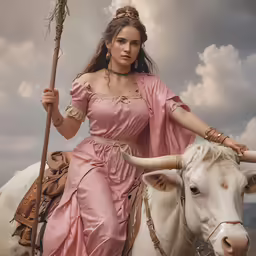 a woman dressed in pink is riding on a white cow