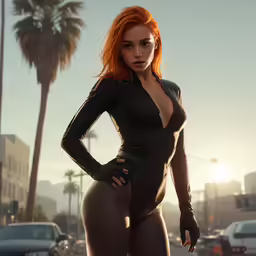 a woman posing on a street near cars