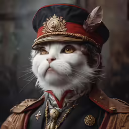 a close up of a cat wearing a suit and hat