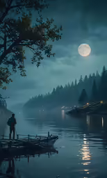 two people in a boat at night on a lake with a moon