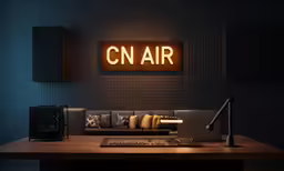 a small room is lit up with a glowing sign