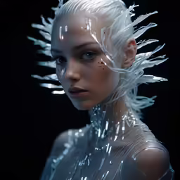 the woman in a white body paint with plastic