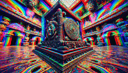 a buddha statue sitting in a large room with neon colored lights
