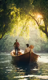 two people in a rowboat on a calm lake