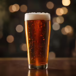closeup photo of beer in glass with blurry lights