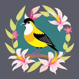 the bird is sitting on a branch with pink flowers,a yellow bird is perched on a branch with flowers