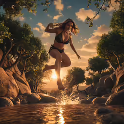 a woman in a bathing suit jumping into a river
