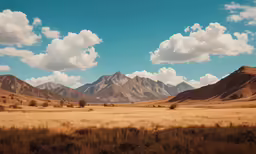 an open plain with some brown grass and mountains in the background