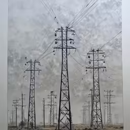 electrical poles with snow and clouds in the background